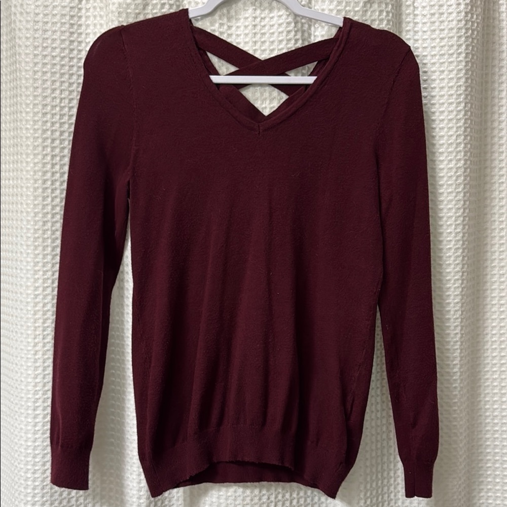 Maroon V-Neck Sweater with Cross Back Detail